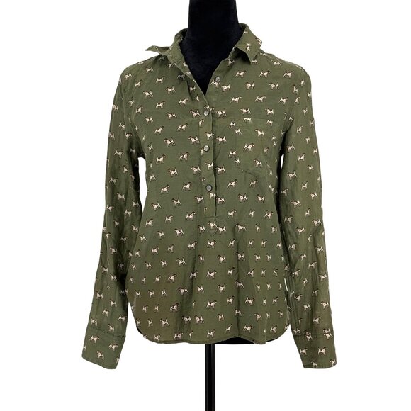 J. Crew Tops - J Crew Novelty Shirt Womens 6 Green Dog Print Silk Blend Terrier Tunic Button